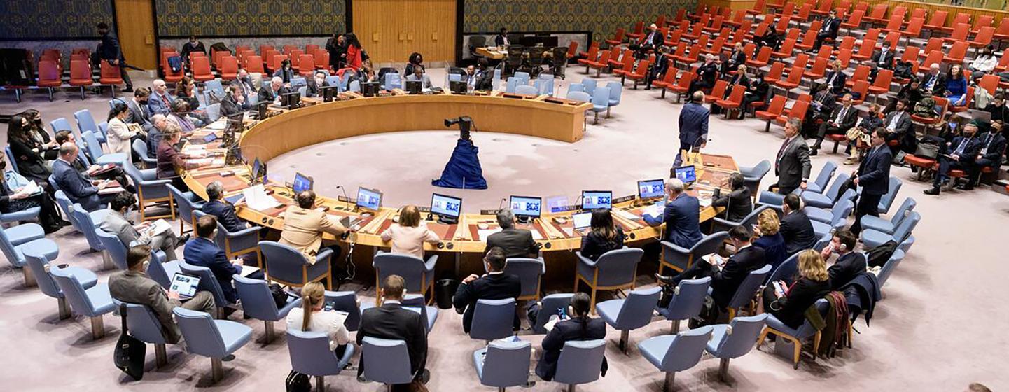 Le Conseil de sécurité de l'ONU lors d'une réunion sur la situation en Ukraine.