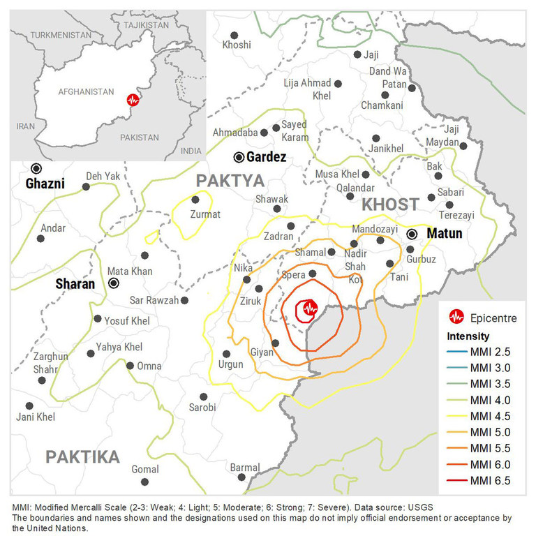 Carte de l'échelle d'intensité du séisme de magnitude 5,9 survenu en Afghanistan dans la nuit du 21 au 22 juin 2022. Les zones en rouge proches de l'épicentre concentrent très probablement la plupart des dommages.