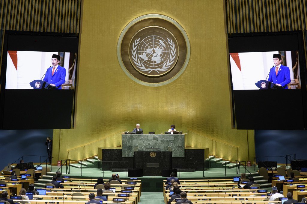 President Joko Widodo (on screen) of Indonesia addresses the general debate of the General Assembly’s seventy-fifth session