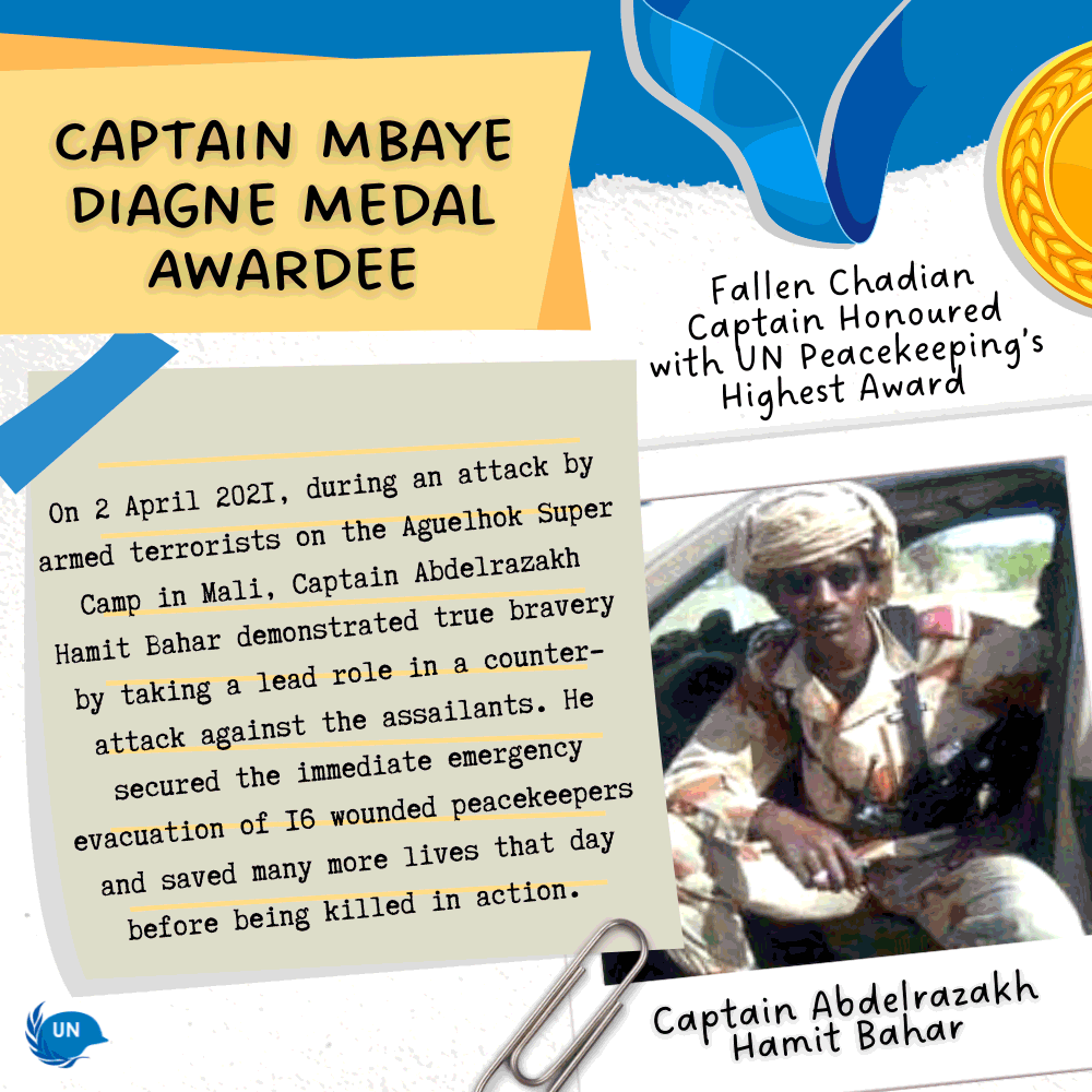 Un capitaine tchadien décédé a reçu la plus haute distinction du maintien de la paix des Nations Unies.