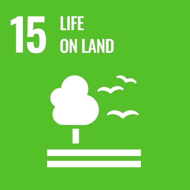 SDG Goal 15 logo on a green background, featuring a stylized tree, three birds, and two horizontal lines, with the text '15 LIFE ON LAND'.