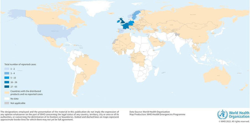 截至 2022 年 4 月 25 日，报告的鼠伤寒沙门氏菌爆发病例 (n=151) 和涉及产品已分发的国家 (n=113) 的地理分布。