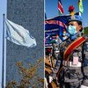 From left: UN flag at the Headquarters, in New York; UN peacekeepers in the field; a health worker prepares a sample for testing; Secretary-General António Guterres on his way to a meeting on the ACT-Accelerator; and a WFP aircraft air-drops sacks of food
