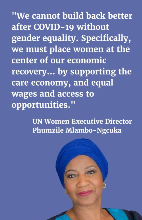 We cannot build back better after COVID-19 without gender equality. Specifically, we must place women at the center of our economic recovery... by supporting the care economy, and equal wages and access to opportunities.