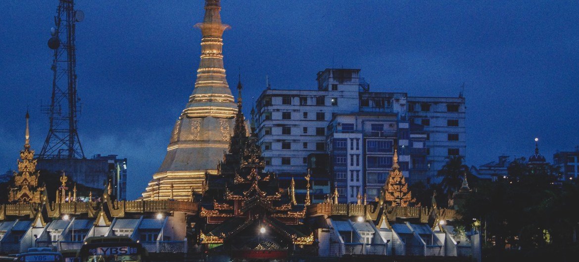 A pagoda at dawn in downtown Yangon, the commercial hub of Myanmar.