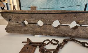 The 'tronco' was used to restrain enslaved people in the 18th century, seen here as part of an exhibit at UN Headquarters. (file)