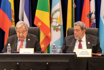 Secretary-General António Guterres (left) delivers remarks at the Eighth Summit for the Community of Latin American and Caribbean States (CELAC) in Saint Vincent and the Grenadines.