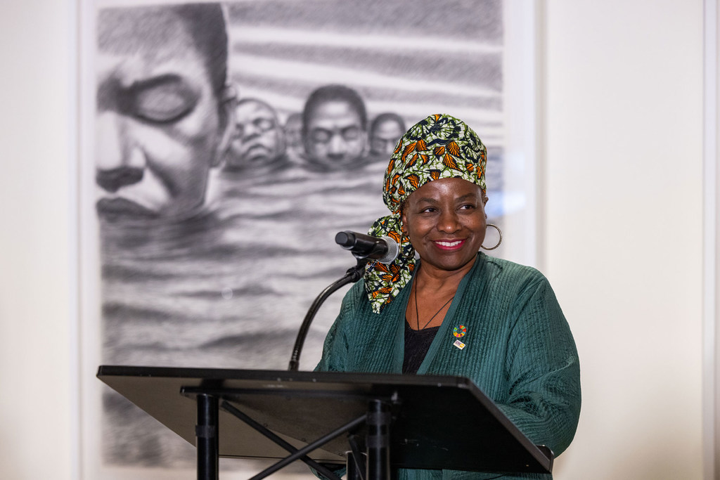 UNFPA Executive Director Natalia Kanem speaks at the opening of the Ibo Landing exhibit in New York.