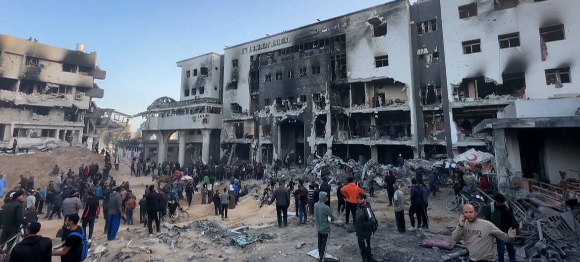 Footage of destruction of Al-Shifa hospital in Gaza, following the end of the latest Israeli siege. The World Health Organization (WHO) reiterated that hospitals must be respected and protected; they must not be used as battlefields.