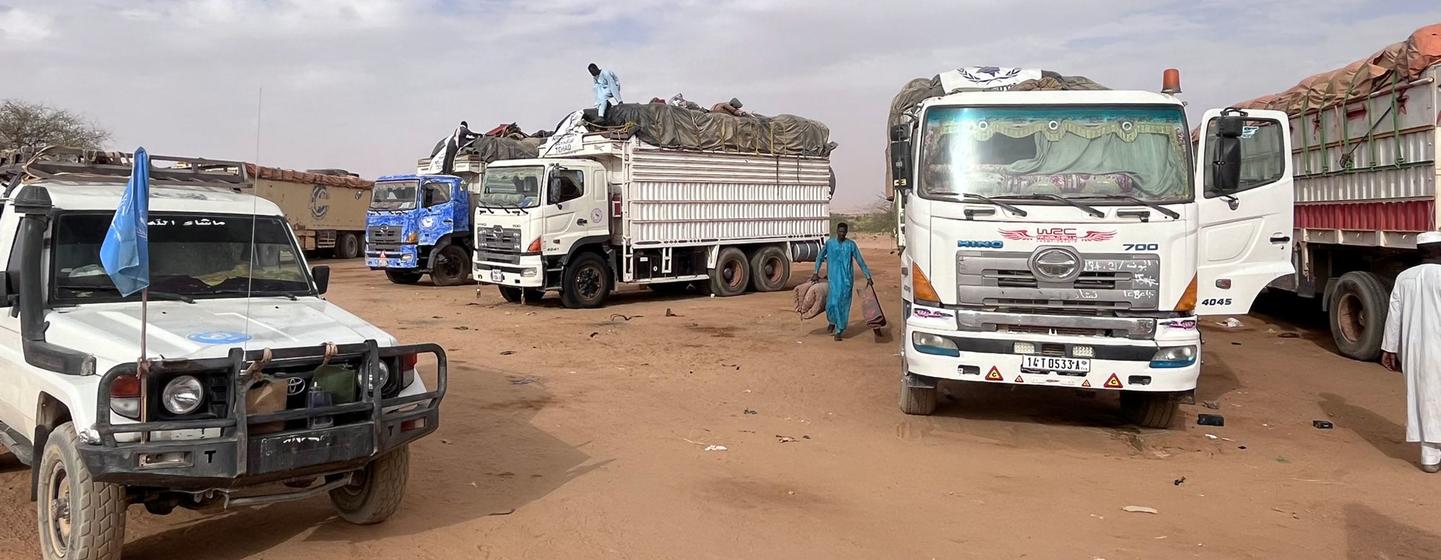 Photo d’archives montrant des camions chargés d'aide humanitaire en route pour El Fasher, au Darfour.