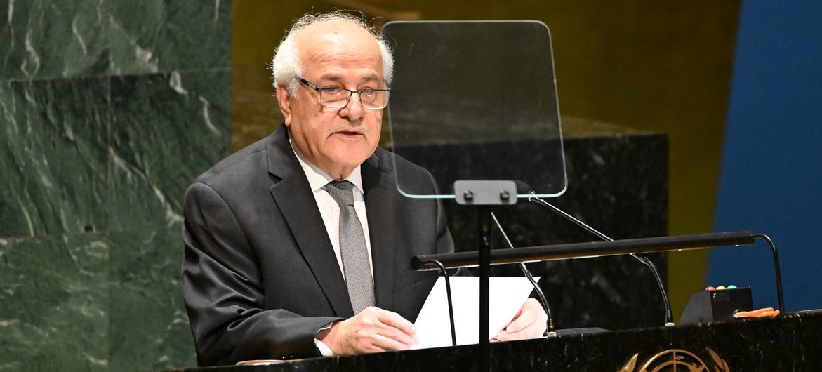 Riyad Mansour, Permanent Observer of the State of Palestine to the United Nations, addresses the UN General Assembly plenary meeting on the use of the veto on the situation in the Middle East, including the Palestinian question.
