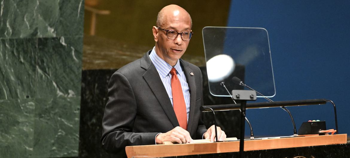 Deputy Permanent Representative Robert A. Wood of the United States, addresses the UN General Assembly plenary meeting on the use of the veto on the situation in the Middle East, including the Palestinian question.