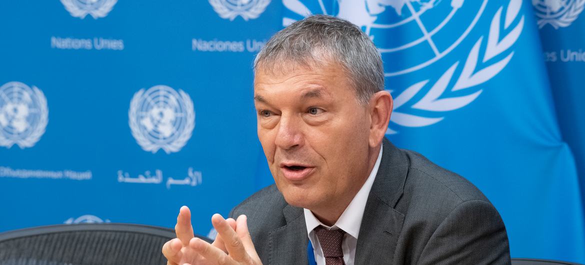 Le Commissaire général de l'UNRWA, Philippe Lazzarini, devant la presse à New York.