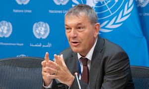 UNRWA Commissioner-General Philippe Lazzarini briefs the press at UN Headquarters in New York.