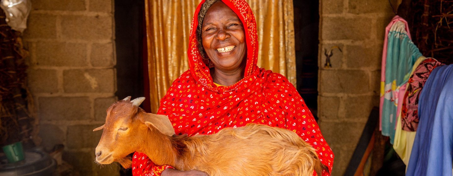 नाइजीरिया के माइडुगुरी में खाद्य एवं कृषि संगठन ने एक महिला को बकरियाँ दी हैं. (जून 2021) 