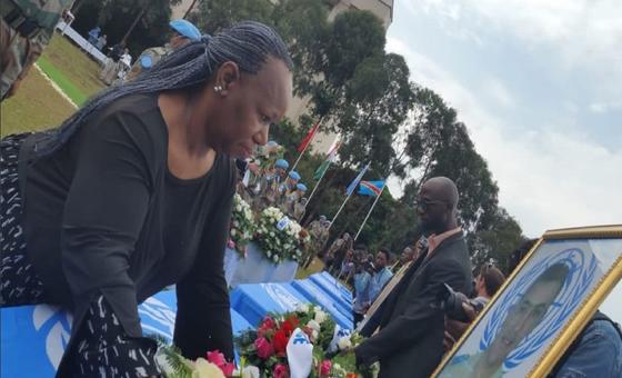 Special Representative and Head of MONUSCO, Bintou Keita, paying her last respect to MONUSCO peacekeepers who died during the protests and the attack on the mission's centers in Goma and Butembo in North Kivu province.
