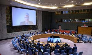 Miroslav Jenča (on screen), Assistant Secretary-General for Europe at the Department of Political and Peacebuilding Affairs briefing the Security Council.