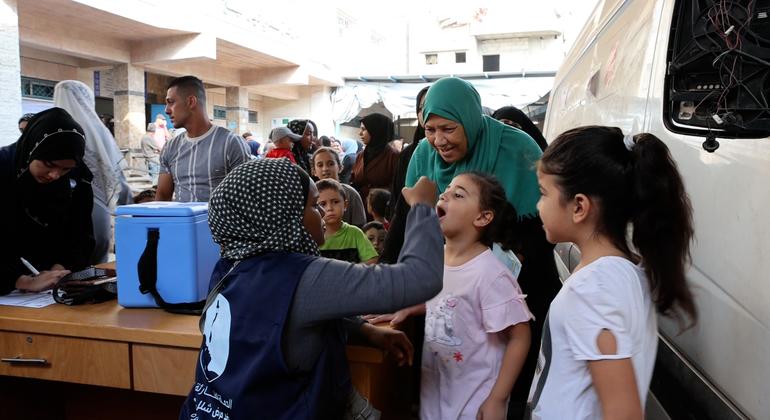 Ferial, a grandmother took her two granddaughters to Deir El Balah health center to get polio vaccination.