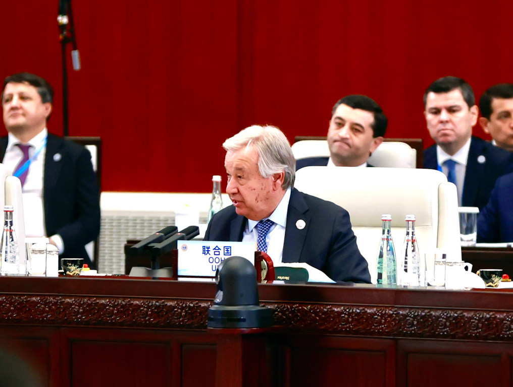联合国秘书长安东尼奥·古特雷斯在纽约举行的联合国安理会会议上发表讲话。
