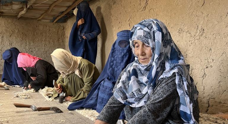 अफ़ग़ानिस्तान के कालीन बाफ़न इलाक़े में कालीन बुनती महिलाएँ.