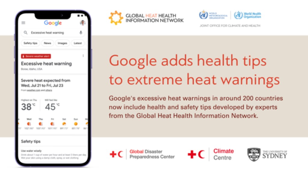 Imagem promocional da parceria entre o Google e a Organização Meteorológica Mundial (OMM) para adicionar dicas de saúde aos alertas de calor extremo, mostrando um smartphone com o aplicativo do Google aberto e um alerta de calor severo para Boise, Idaho.