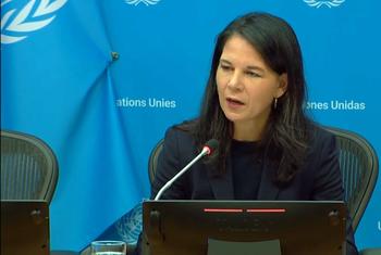 Annalena Baerbock, la présidente de l'Assemblée générale de l'ONU, lors de la conférence de presse du mercredi 1er octobre 2025..