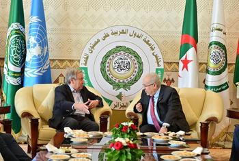 Secretary-General António Guterres (left) meets with Foreign Minister Ramtane Lamamra of Algeria in Algiers.