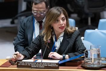 Caroline Ziadeh, Special Representative of the Secretary-General and Head of the UN Interim Administration Mission in Kosovo, briefs members of the  Security Council.