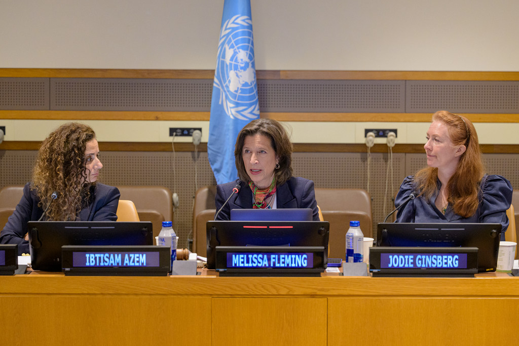 UN Under-Secretary-General for Global Communications Melissa Fleming (center) speaks at the opening of the annual media symposium on peace in the Middle East