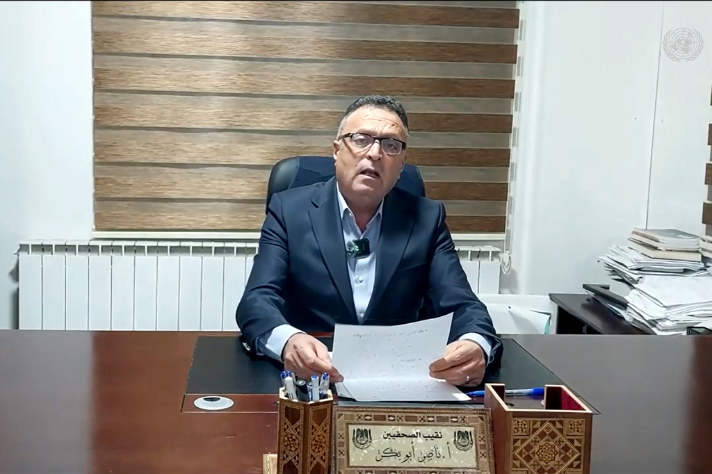 ناصر أبو بكر رئيس نقابة الصحفيين الفلسطينيين قدم أيضا كلمة مسجلة عبر الفيديو أدان فيها ما وصفه بـ "أبشع مجزرة في تاريخ البشرية" بحق الصحفيين الفلسطينيين منذ 7 تشرين/ الأول أكتوبر 2023.