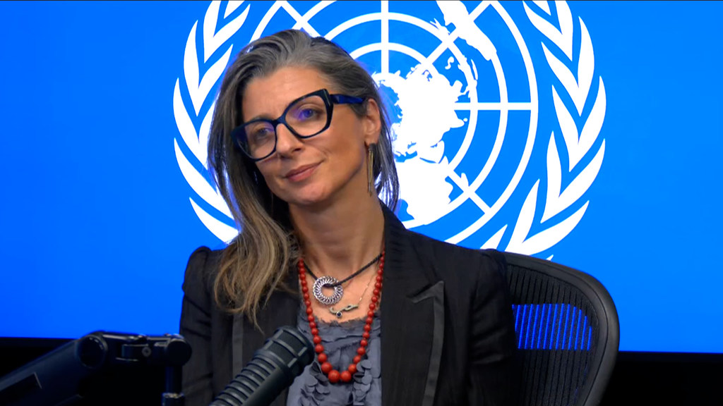 Francesca Albanese, relatora especial sobre los Territorios Palestinos Ocupados, habla ante los micrófonos con el emblema de las Naciones Unidas detrás de ella.
