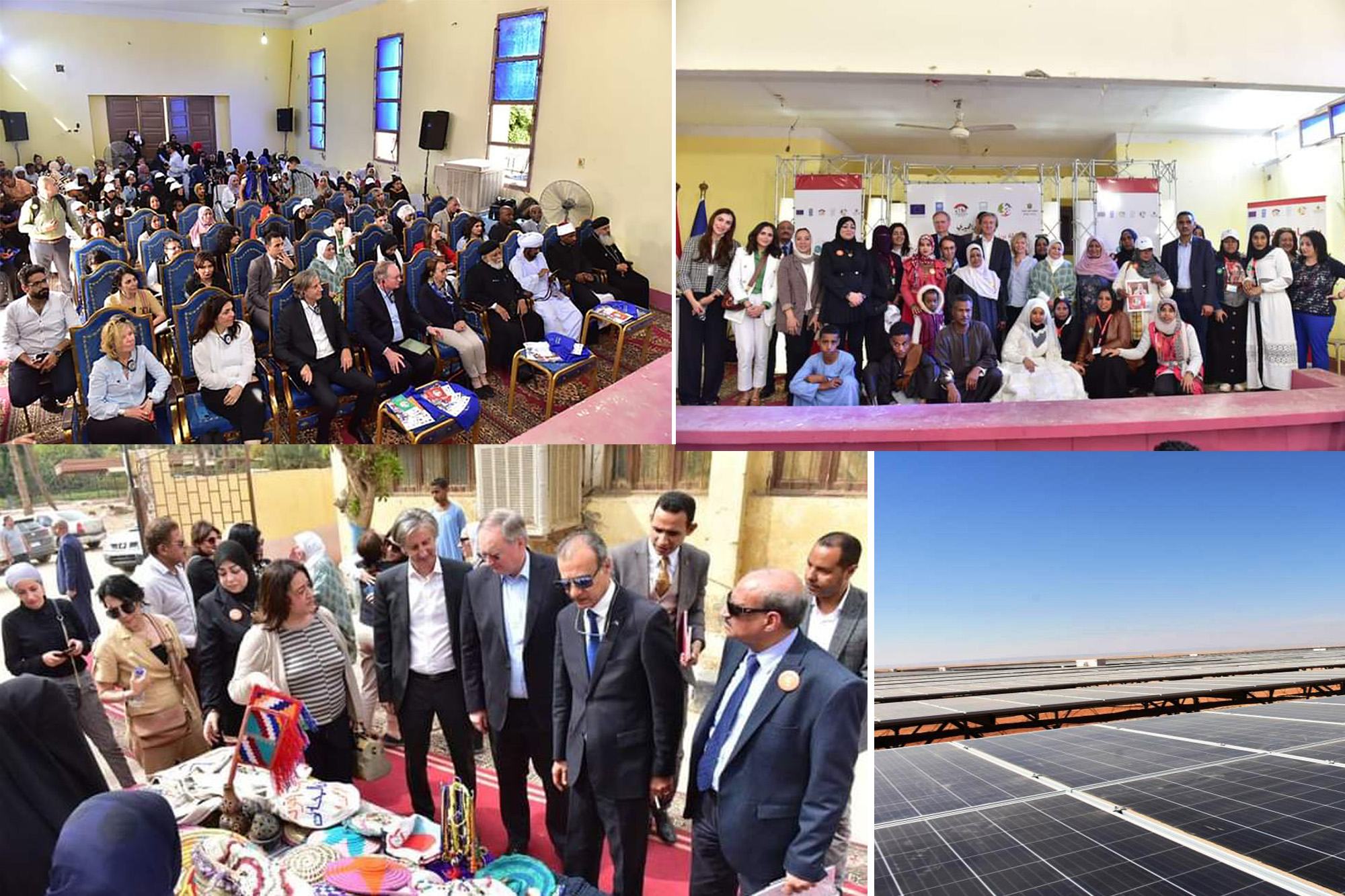 السيد إليساندرو فراسيتي، الممثل المقيم لبرنامج الأمم المتحدة الإنمائي في مصر، مع ممثل الاتحاد الأوروبي خلال زيارتهم لمشروع الطاقة الشمسية ومعرض الحرف اليدوية في بنبان بأسوان.