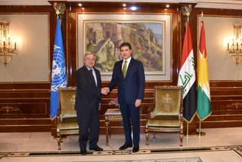 O secretário-geral António Guterres (à esquerda) reúne-se com Nechirvan Barzani, presidente da região do Curdistão do Iraque.