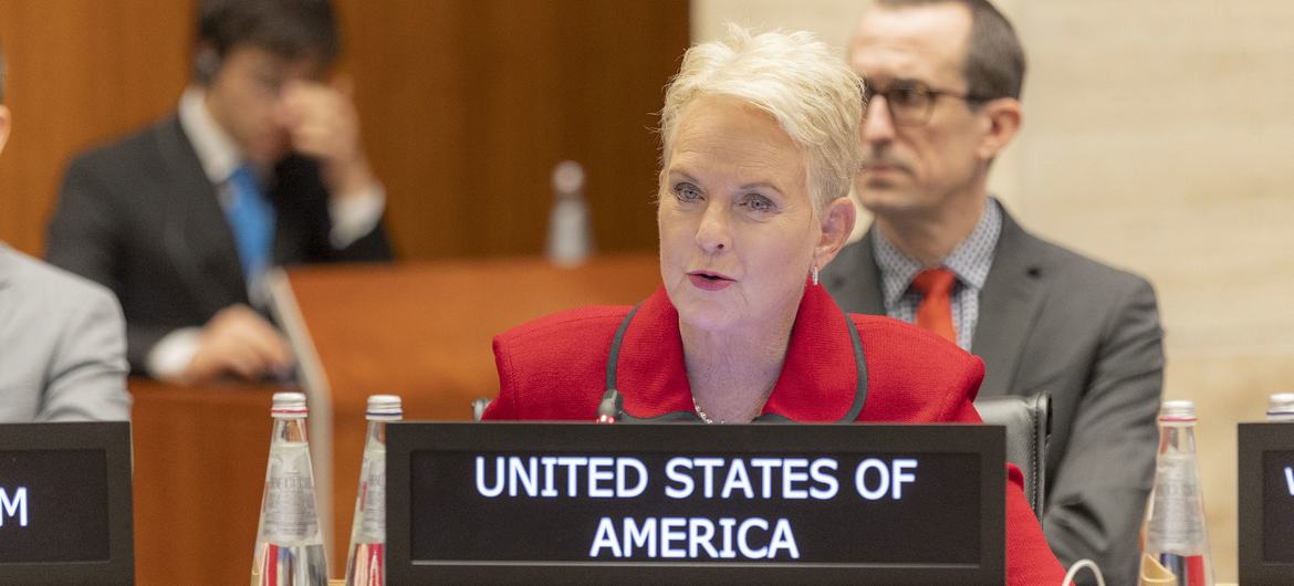 Cindy McCain, addresses the Executive Board of WFP in Rome, Italy, in February 2023 as Ambassador and Permanent Representative of the US Mission to the UN Agencies.