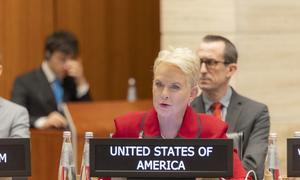 Cindy McCain, addresses the Executive Board of WFP in Rome, Italy, in February 2023 as Ambassador and Permanent Representative of the US Mission to the UN Agencies.