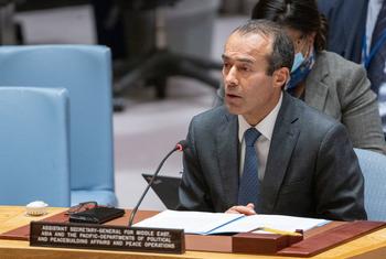 Khaled Khiari, Assistant Secretary-General for Middle East, Asia and the Pacific of the Departments of Political and Peacebuilding Affairs and Peace Operations, briefs the Security Council meeting on threats to international peace and security.