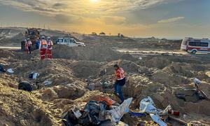 Rescue workers recover bodies of aid workers, including a UN staff member, in Tal Al Sultan in Gaza earlier this year. (file).