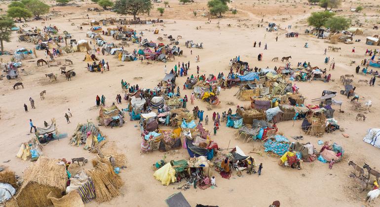 Refugiados sudanenes recién llegados a Chad se asientan en un campamento temporal.