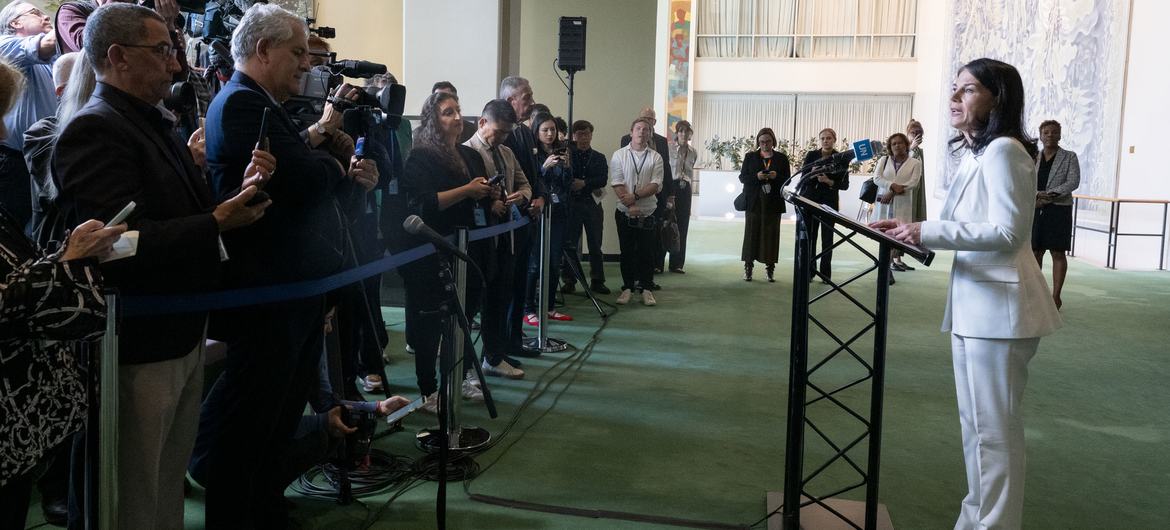 Annalena Baerbock, President-elect of the eightieth session of the UN General Assembly, speaks to the media following her election. Annalena Baerbock, President-elect of the eightieth session of the UN General Assembly, speaks to the media following her election.