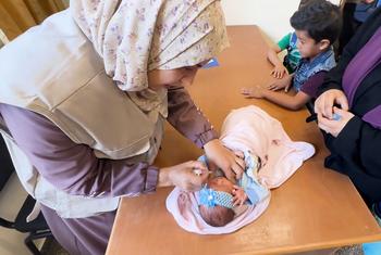 An infant receives a polio vaccination shot in an UNRWA clinic in Al-Nuseirat camp, central Gaza Strip.