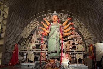 A Durga Puja pandal on the theme of riots, urges peace and harmonious community life. A Durga Puja pandal on the theme of riots, urges peace and harmonious community life.