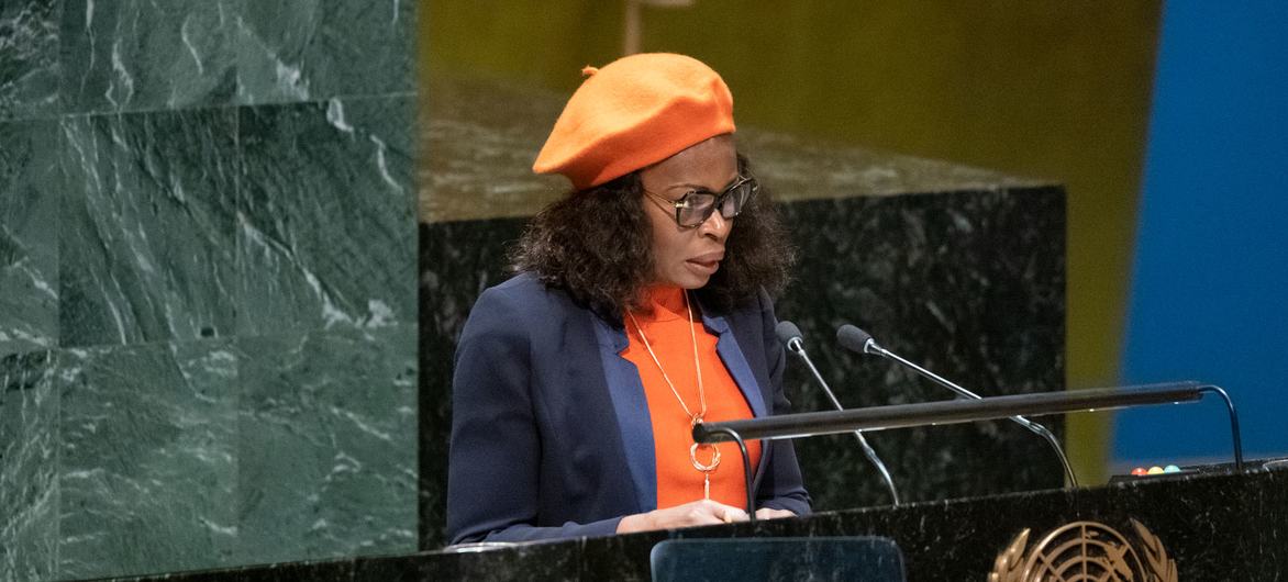 Ambassador Aurélie Flore Koumba Pambo of Gabon addresses the UN General Assembly meeting on the necessity of ending the economic, commercial and financial embargo imposed by US against Cuba.