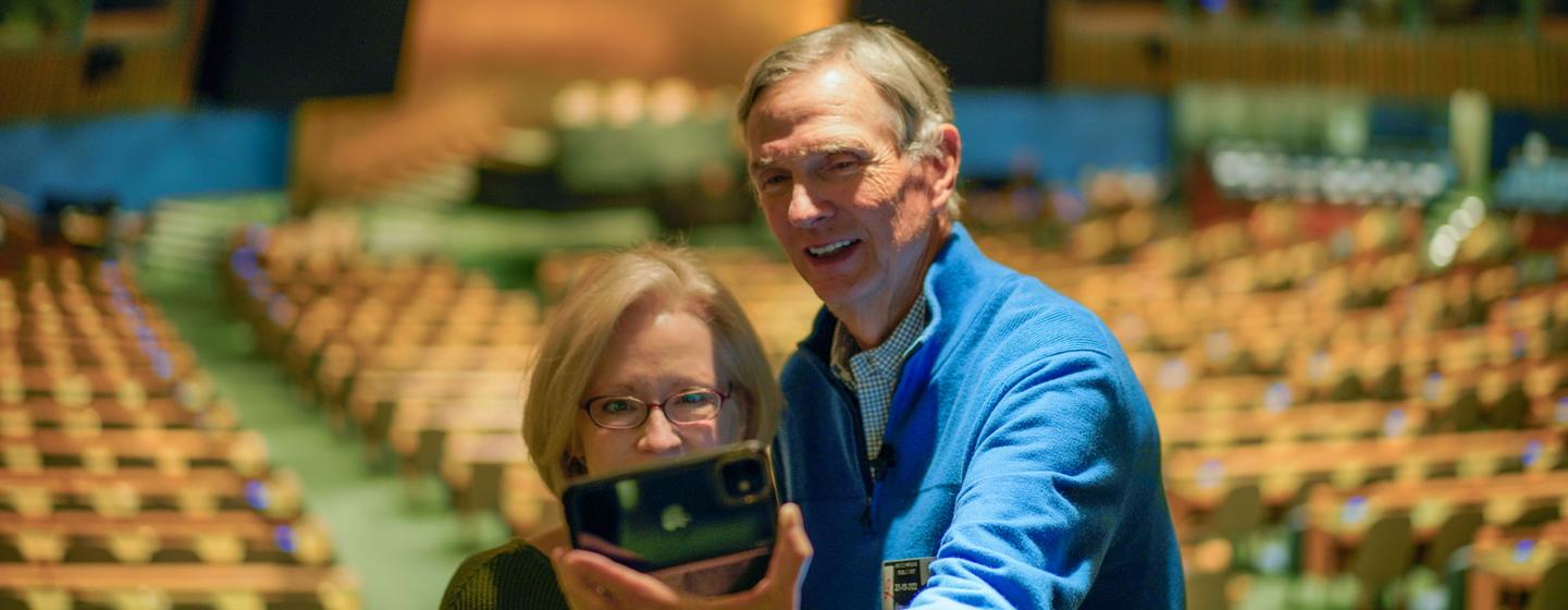 Ellen and Laurance Anderson take a selfie in the UN General Assembly Hall at the end of their guided tour.