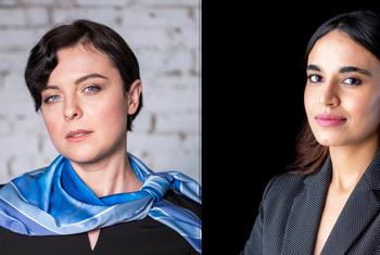 Marwa Azelmat, (à droite) militante féministe, experte en droit numérique et Hrystyna Kit (à gauche),  avocate qui milite en faveur des droits des femmes ukrainiennes 