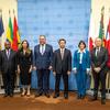يقف ستة مندوبين دائمين أمام خلفية مجلس الأمن United Nations حاملين أعلام بلدانهم في حفل تنصيب.