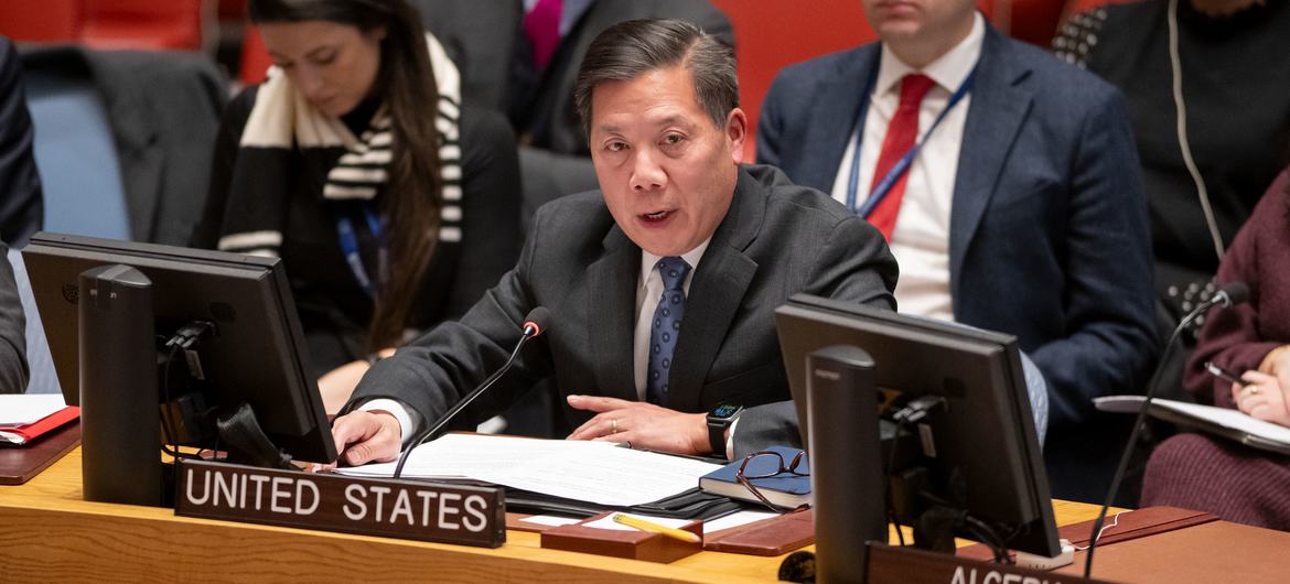 Ambassador Christopher P. Lu of the United States addresses a Security Council meeting on the maintenance of international peace and security in the Red Sea.