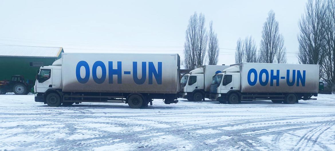 A convoy delivers aid to Dobropillia village in Ukraine's Zaporizhzhia region