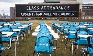 UNICEF's 'Pandemic Classroom' installation at UN Headquarters in New York. Each empty desk and chair represented a million of the children living in countries where schools have been almost entirely closed.