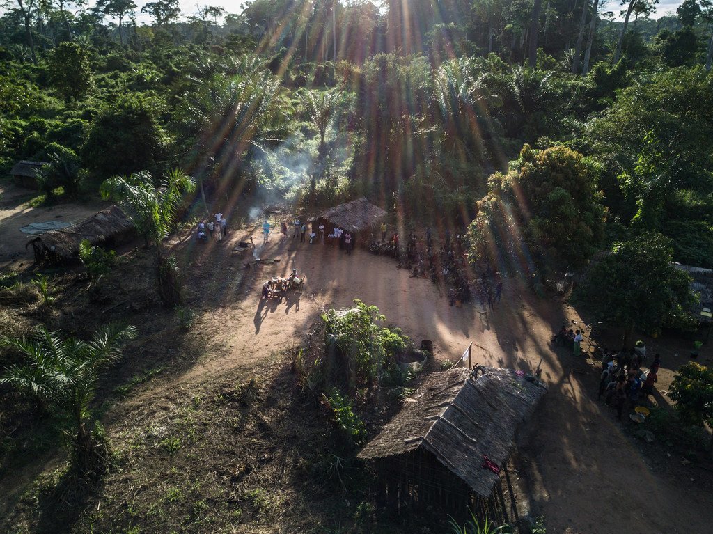 Un petit village autochtone, situé au cœur de la forêt dans une région reculée en République du Congo.