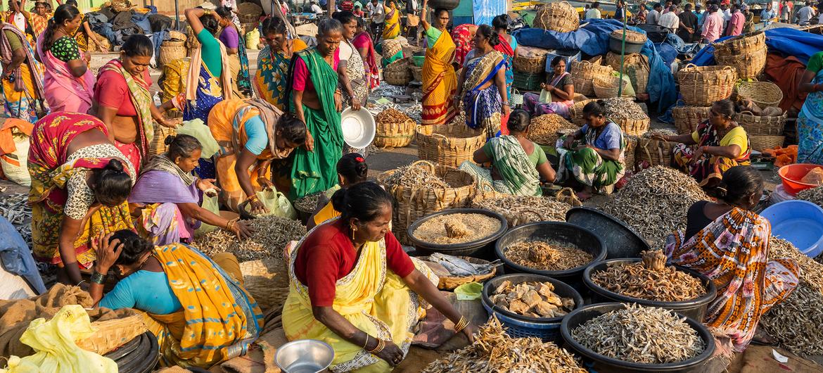 Women sell dried fish at a market in Visakhapatnam, India.